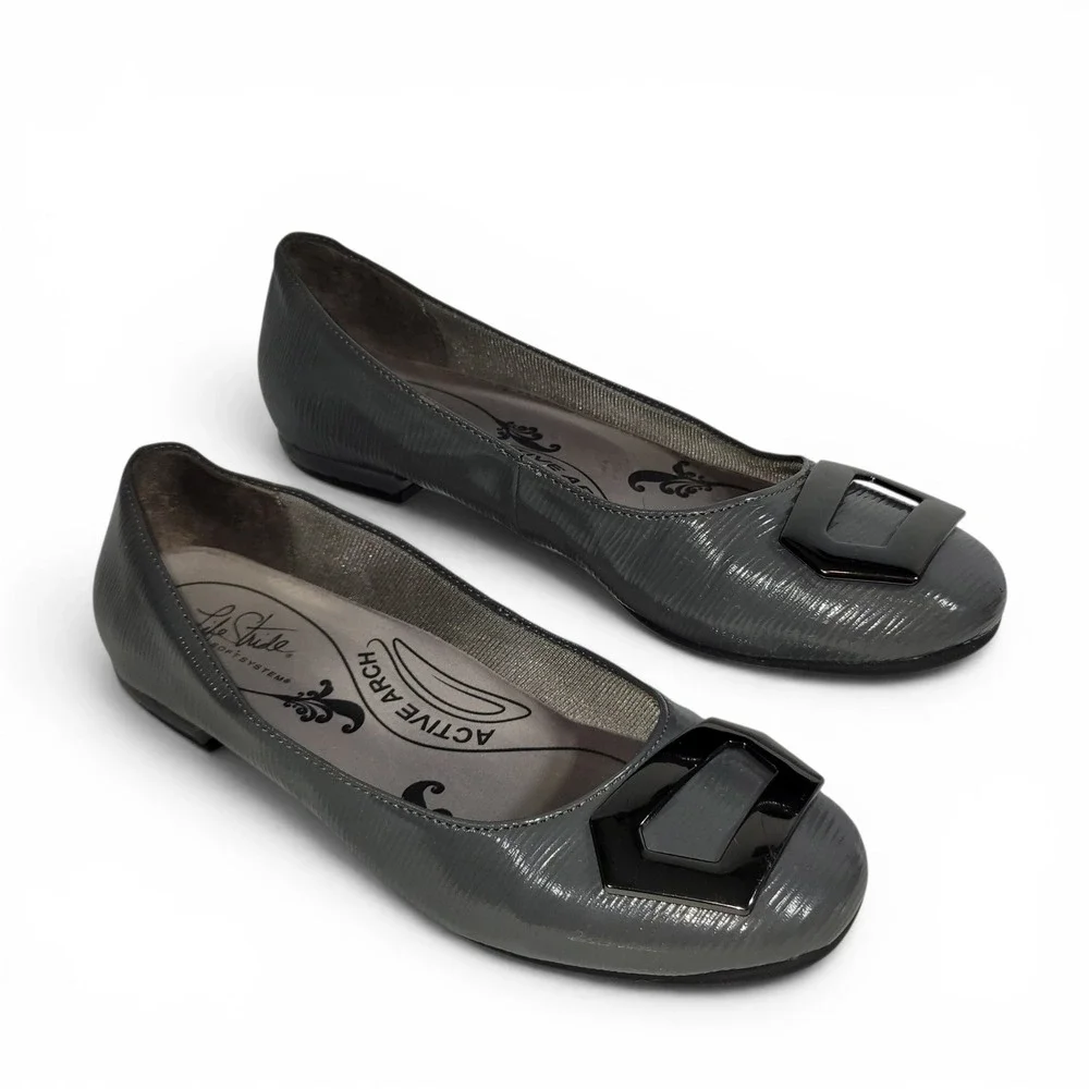 LifeStride Ballet Flats Women Size‎ 6 Gray Buckle Slip On Comfort Active Arch